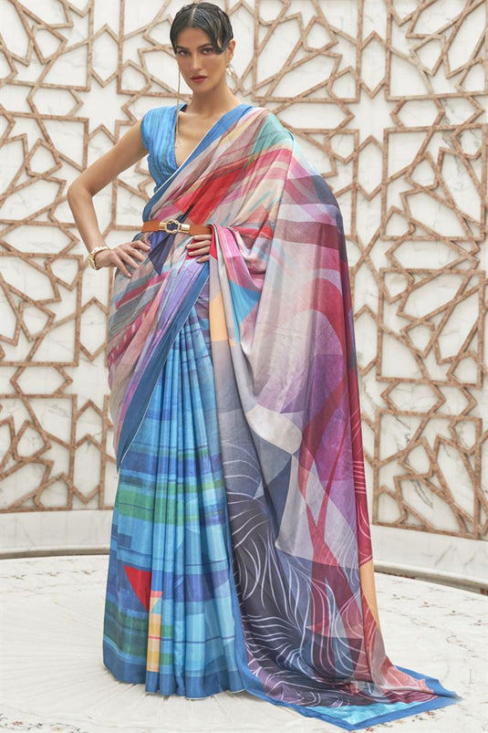 Multi Color Daily Wear Digital Printed Saree In Crepe Silk Fabric