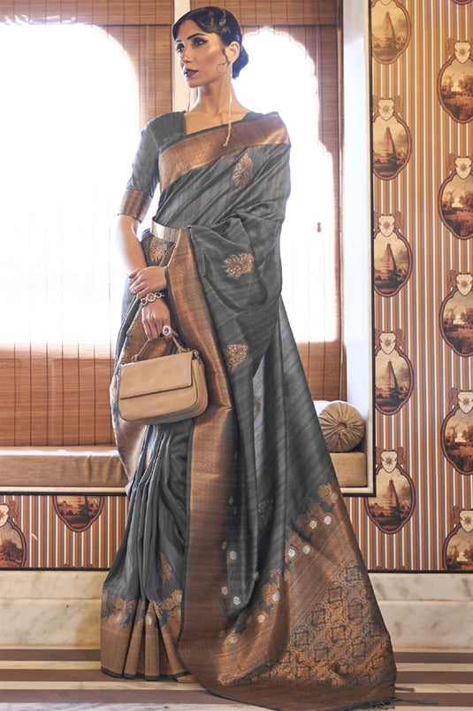 Weaving Work On Grey Color Sangeet Wear Art Silk Fabric Saree With Weaving Work