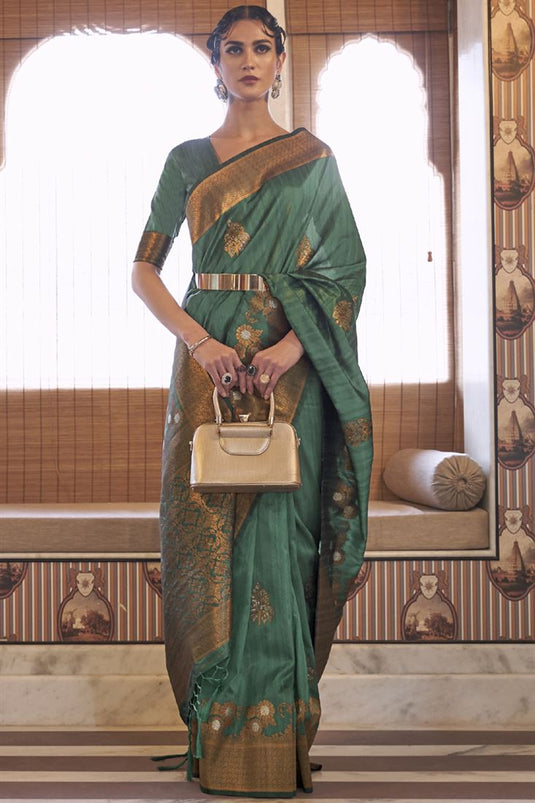Sangeet Wear Green Color Art Silk Fabric Chic Saree With Weaving Work
