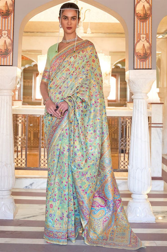 Sea Green Color Cotton Silk Fabric Festival Wear Trendy Textured Saree With Weaving Work