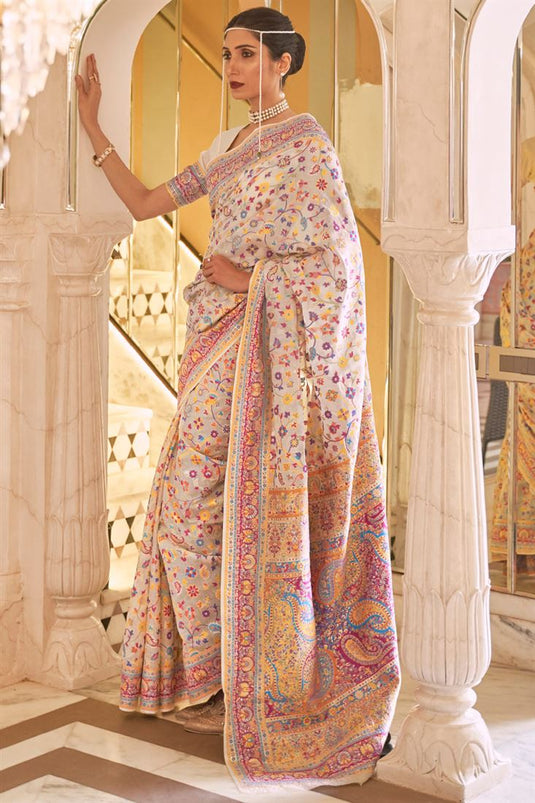Festival Wear Cotton Silk Fabric Cream Color Subline Saree With Weaving Work
