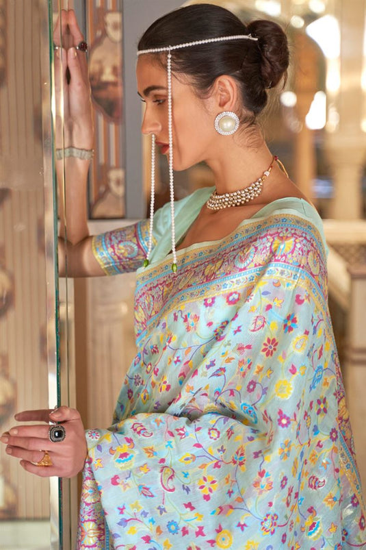 Light Cyan Color Festival Wear Cotton Silk Fabric Flamboyant Saree With Weaving Work