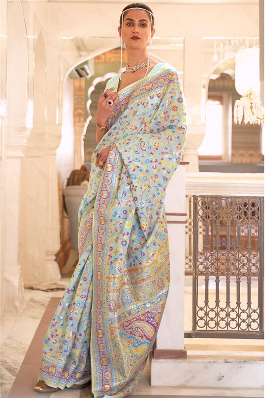 Light Cyan Color Festival Wear Cotton Silk Fabric Flamboyant Saree With Weaving Work