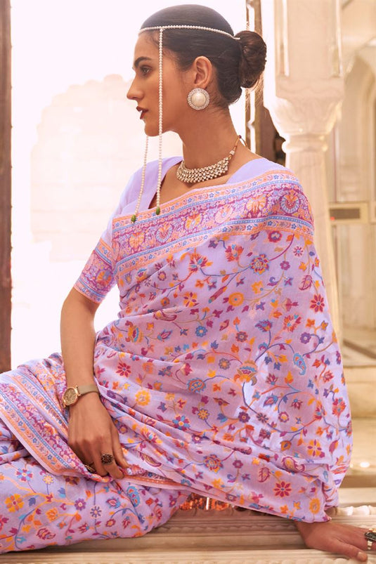 Festival Wear Cotton Silk Fabric Lavender Color Luminous Saree With Weaving Work