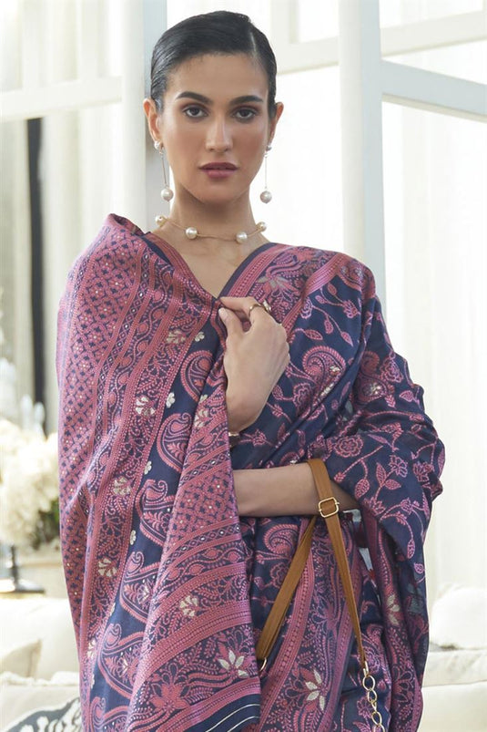 Cotton Silk Fabric Blue Color Designer Saree With Breathtaking Lucknowi Chikankari Work