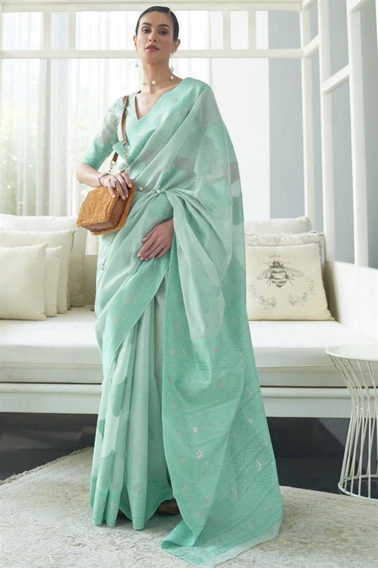 Cyan Color Cotton Silk Fabric Party Wear Saree With Radiant Lucknowi Chikankari Work