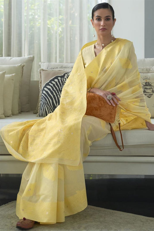 Charming Lucknowi Chikankari Work Yellow Color Cotton Silk Fabric Party Wear Saree