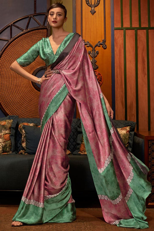 Crepe Fabric Pink Color Party Wear Saree With Bright Digital Printed Work