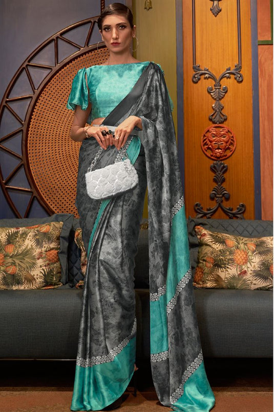 Creative Digital Printed Work On Crepe Fabric Party Wear Saree In Grey Color