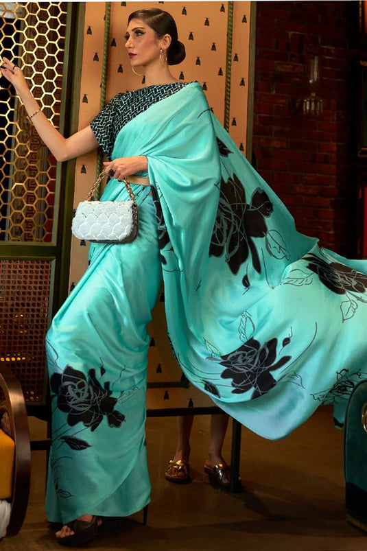 Crepe Fabric Sea Green Color Beguiling Party Wear Saree With Digital Printed Work