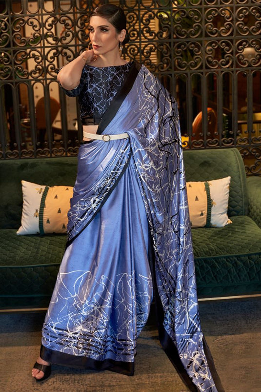 Blue Color Digital Printed Work On Crepe Fabric Stunning Party Wear Saree