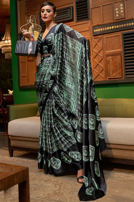 Beguiling Digital Printed Work On Black Color Crepe Fabric Party Wear Saree