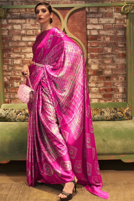 Incredible Digital Printed Work On Crepe Fabric Rani Color Party Wear Saree