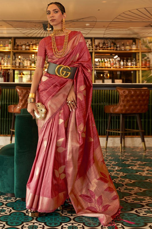 Riveting Party Style Art Silk Weaving Designs Saree In Red Color