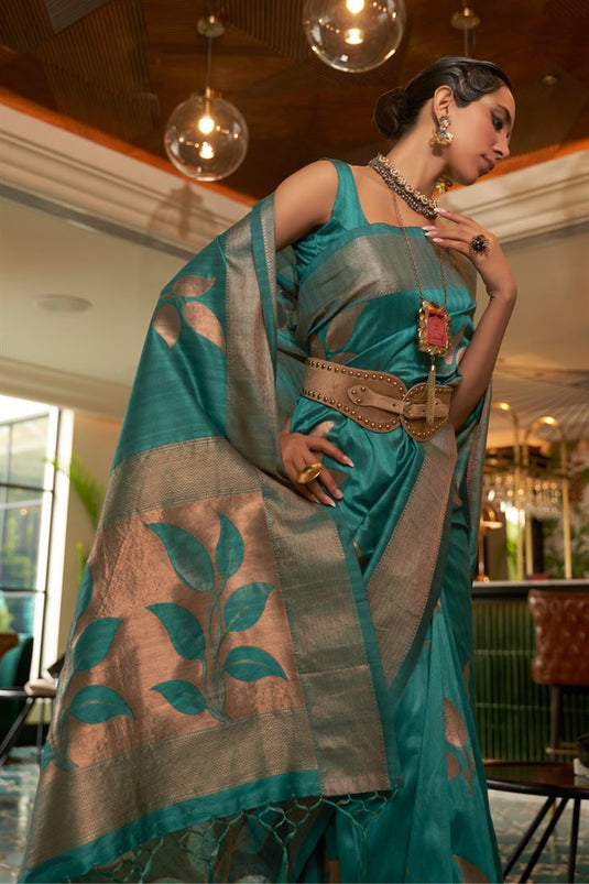 Party Style Sea Green Color Engaging Art Silk Weaving Work Saree