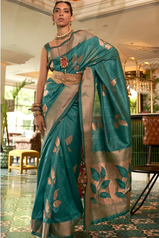 Party Style Sea Green Color Engaging Art Silk Weaving Work Saree