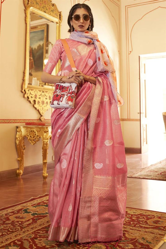 Organza Fabric Pink Color Beguiling Weaving Work Saree