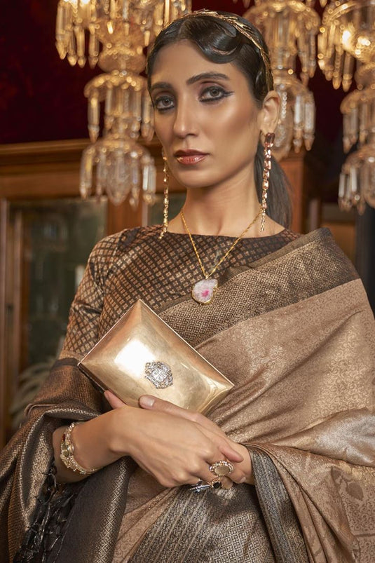 Sangeet Wear Dark Beige Color Art Silk Fabric Saree With Miraculous Weaving Work