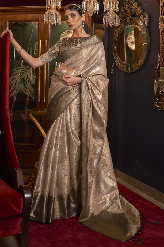 Sangeet Wear Dark Beige Color Art Silk Fabric Saree With Miraculous Weaving Work
