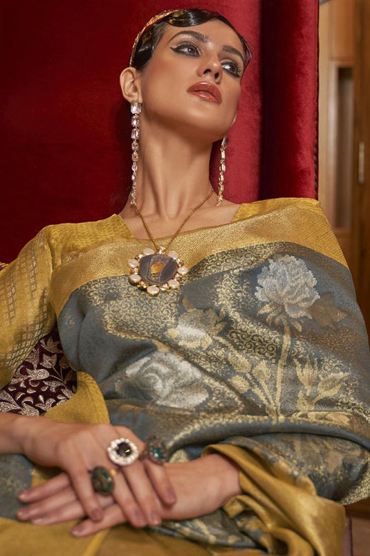Grey Color Sangeet Wear Saree With Wonderful Weaving Work In Art Silk Fabric