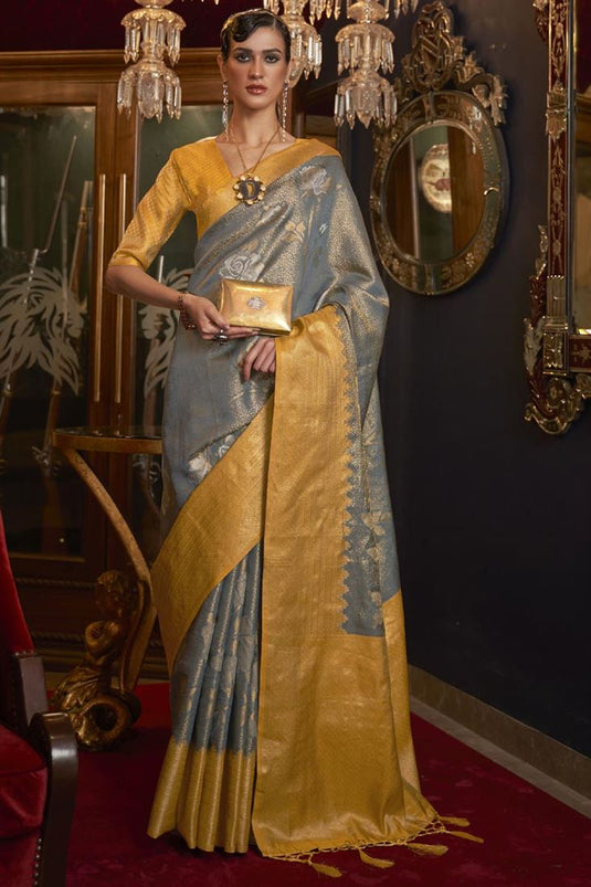 Grey Color Sangeet Wear Saree With Wonderful Weaving Work In Art Silk Fabric