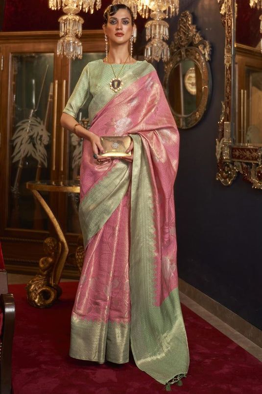 Sangeet Wear Pink Color Saree With Dazzling Weaving Work In Art Silk Fabric
