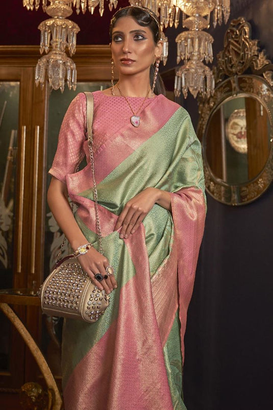 Sea Green Color Art Silk Fabric Saree With Beautiful Weaving Work In Sangeet Wear
