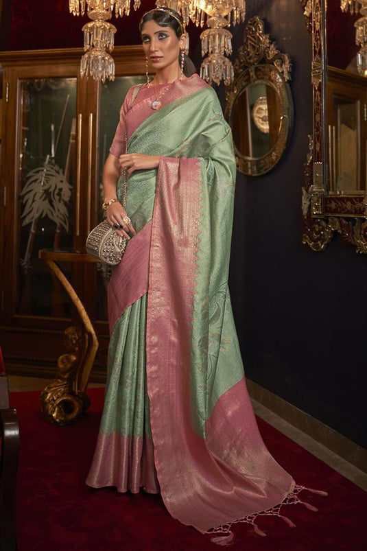 Sea Green Color Art Silk Fabric Saree With Beautiful Weaving Work In Sangeet Wear