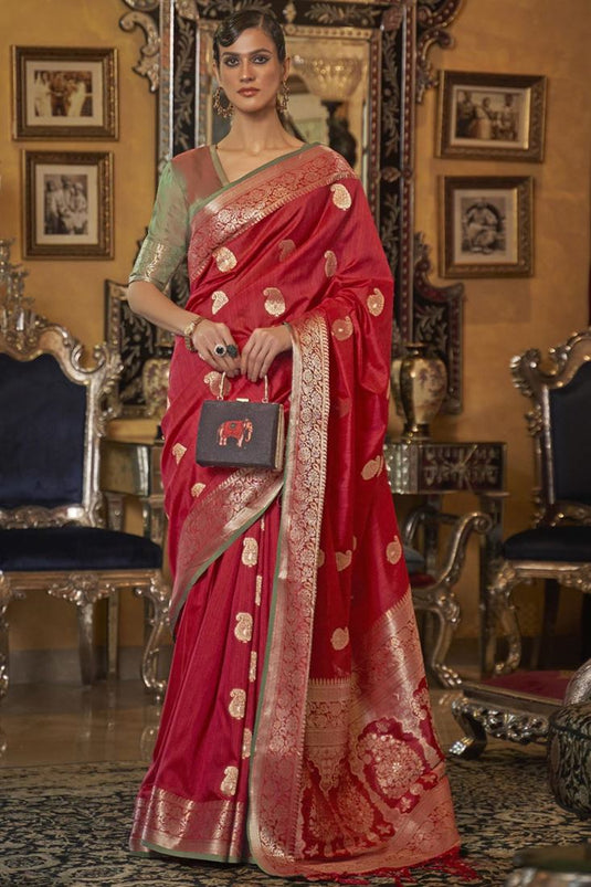 Art Silk Fabric Festival Wear Weaving Work Splendid Saree In Red Color