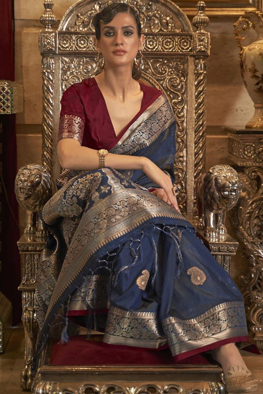 Festival Wear Art Silk Fabric Designer Navy Blue Color Weaving Work Astounding Saree