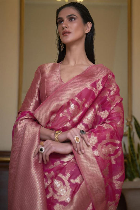 Pink Color Function Wear Splendid Saree In Organza Fabric