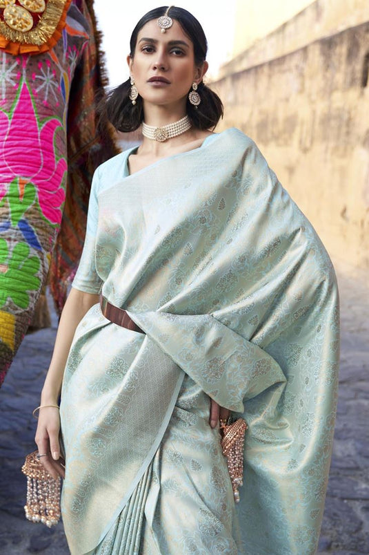Elegant Light Cyan Color Art Silk Fabric Festival Wear Saree With Weaving Work