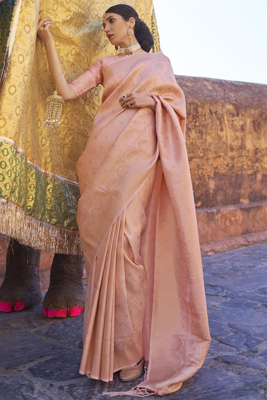 Art Silk Fabric Attractive Peach Color Festival Wear Saree With Weaving Work