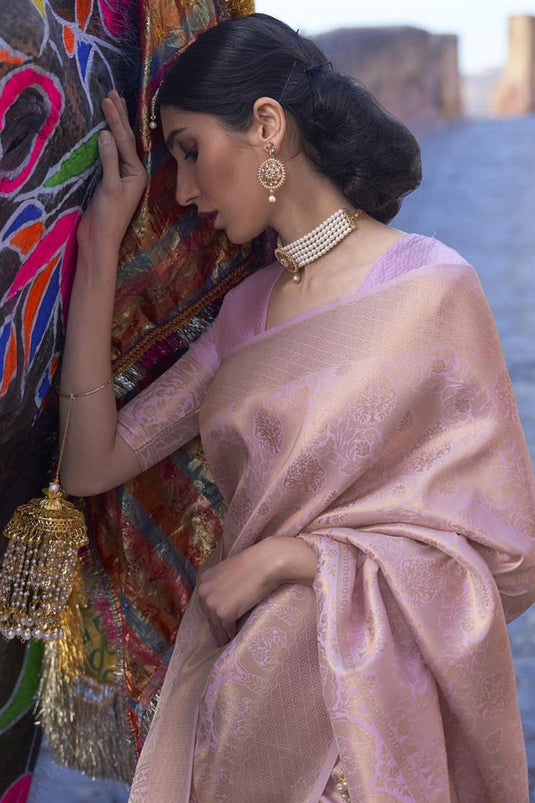 Luxurious Art Silk Fabric Festival Wear Pink Color Saree With Weaving Work