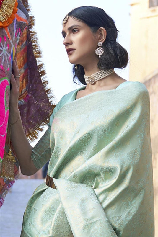 Art Silk Fabric Supreme Sea Green Color Festival Wear Weaving Work Saree