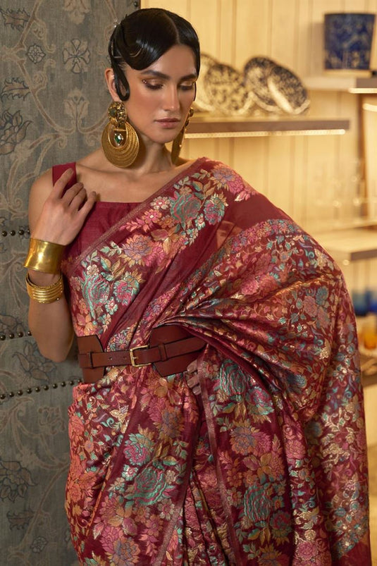 Tempting Weaving Work On Maroon Color Silk Saree