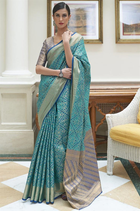 Weaving Work On Awesome Art Silk Fabric Saree In Cyan Color