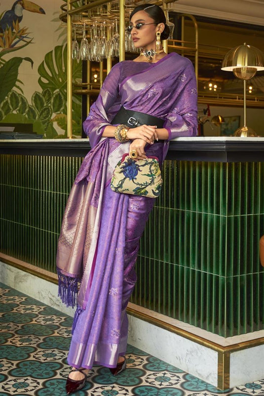 Beauteous Purple Color Organza Fabric Party Wear Weaving Work Saree
