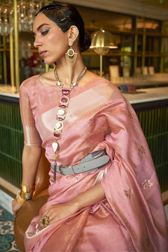Organza Fabric Peach Color Party Wear Imposing Weaving Work Saree