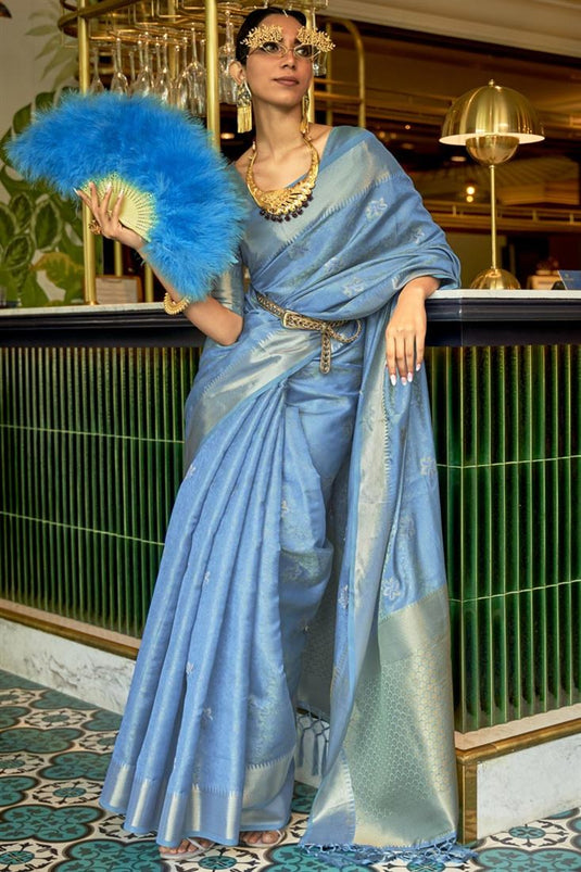 Organza Fabric Enthralling Sky Blue Color Party Wear Saree With Weaving Work
