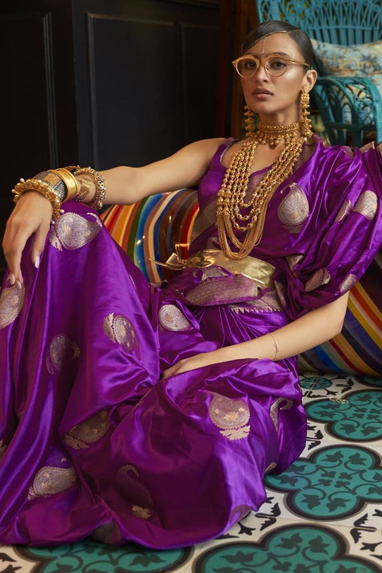 Purple Color Party Wear Satin Fabric Lovely Saree