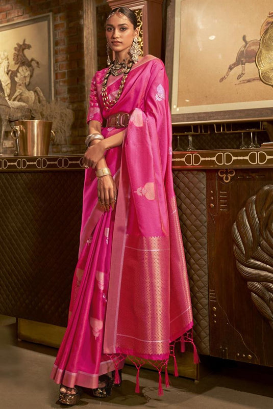Art Silk Fabric Rani Color Weaving Work Phenomenal Saree