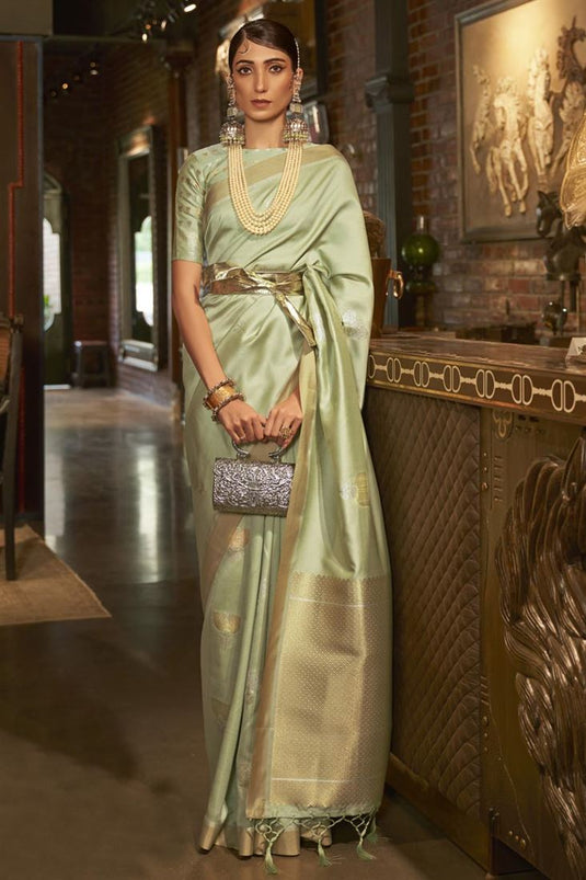 Art Silk Fabric Weaving Work Splendid Saree In Sea Green Color