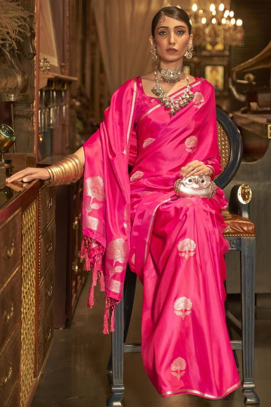 Kanika Dev Adorning Rani Color Party Look Satin Saree