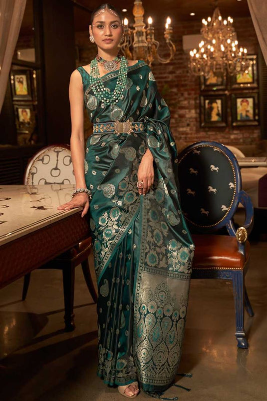 Weaving Work Satin Silk Fabric Dark Green Color Enticing Saree