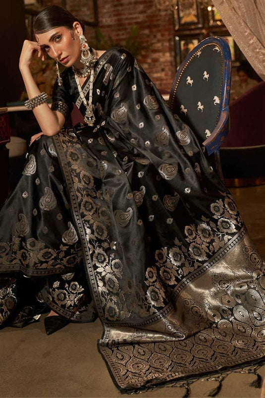 Satin Silk Fabric Weaving Work Brilliant Saree In Black Color