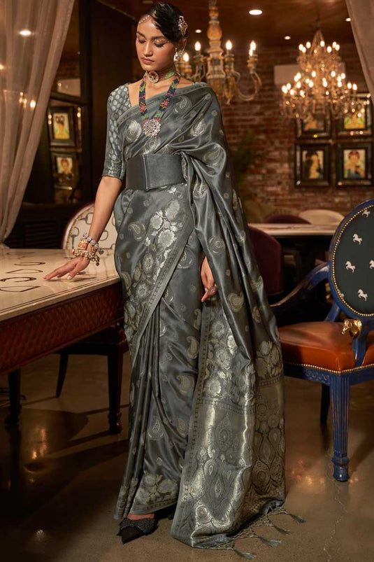 Grey Color Satin Silk Fabric Weaving Work Appealing Saree