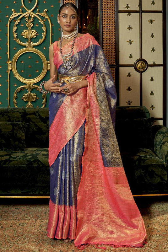 Excellent Art Silk Fabric Blue Color Weaving Designs Saree