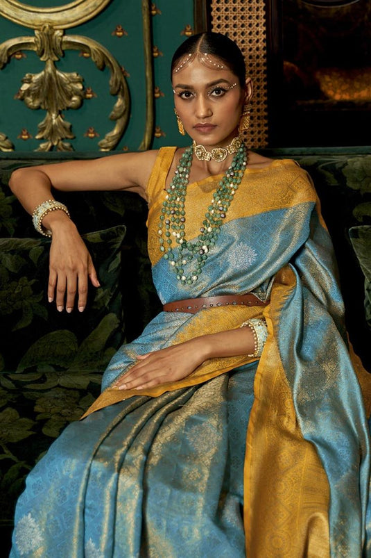Incredible Art Silk Fabric Cyan Color Weaving Designs Saree