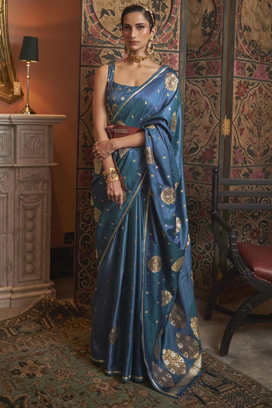 Marvellous Satin Fabric Party Wear Saree In Teal Color